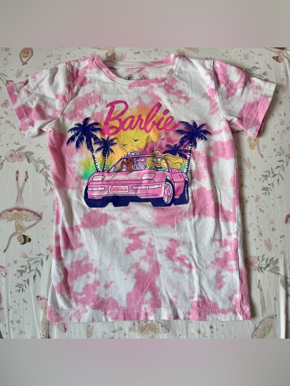 Barbie Girls Size 5 Pink Tie Dye 100% Cotton California Graphic T Shirt Tee